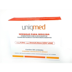 Seringas embaladas individualmente para Insulina Uniqmed 0,5mL (50UI) Agulha 5x0,23mm 32G - Caixa com 100 seringas